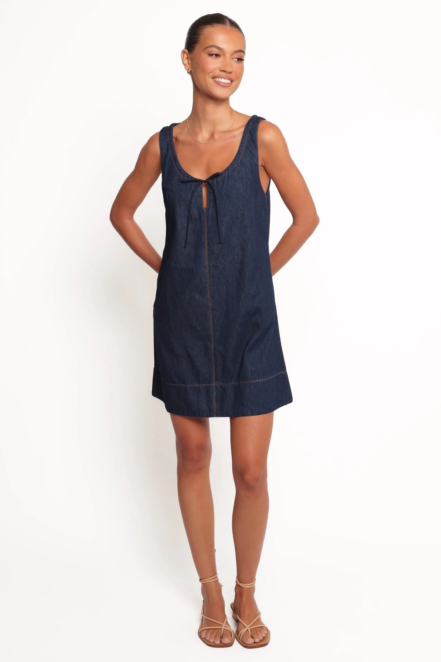 Adjustable-Tie Dark Denim Mini Dress