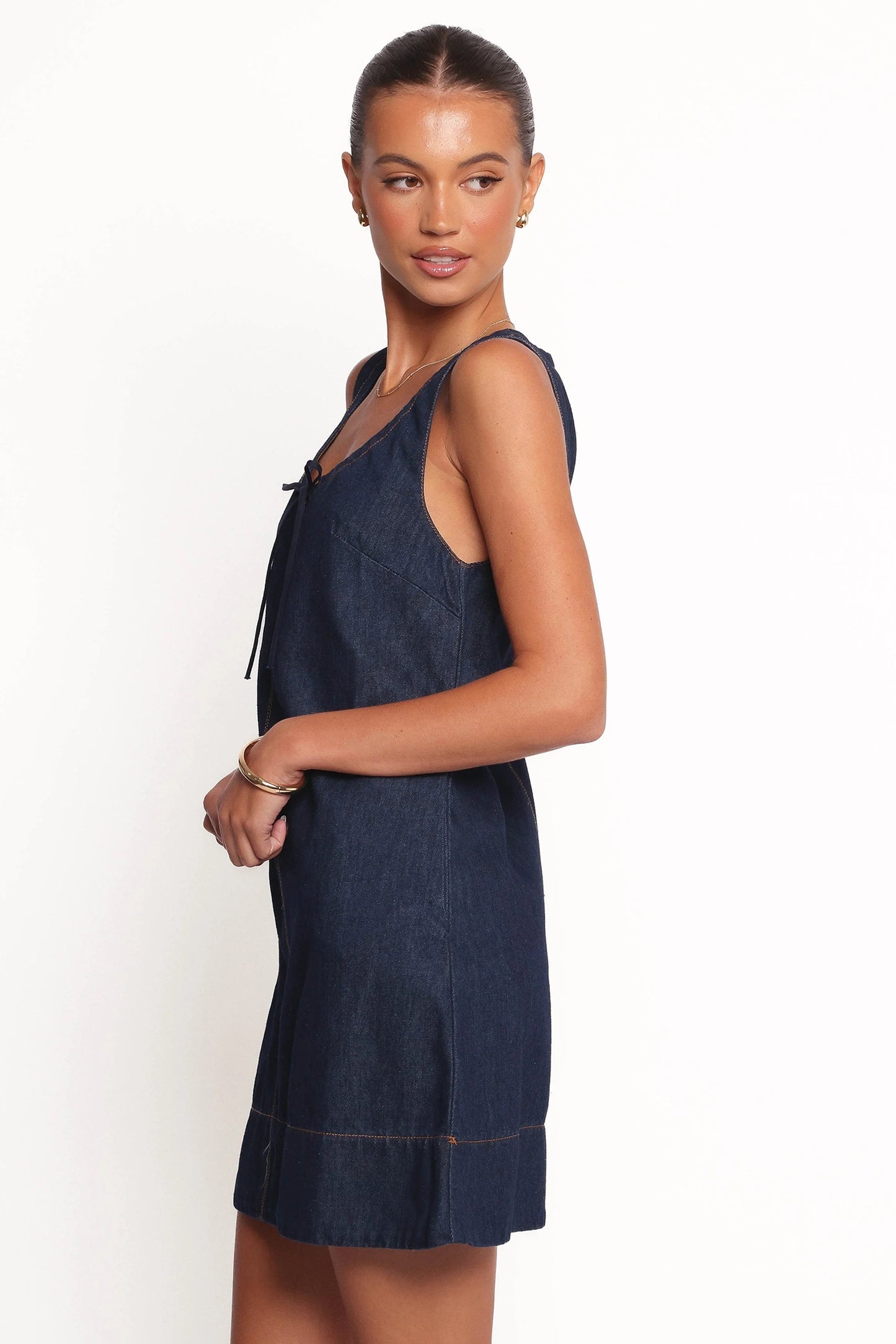 Adjustable-Tie Dark Denim Mini Dress
