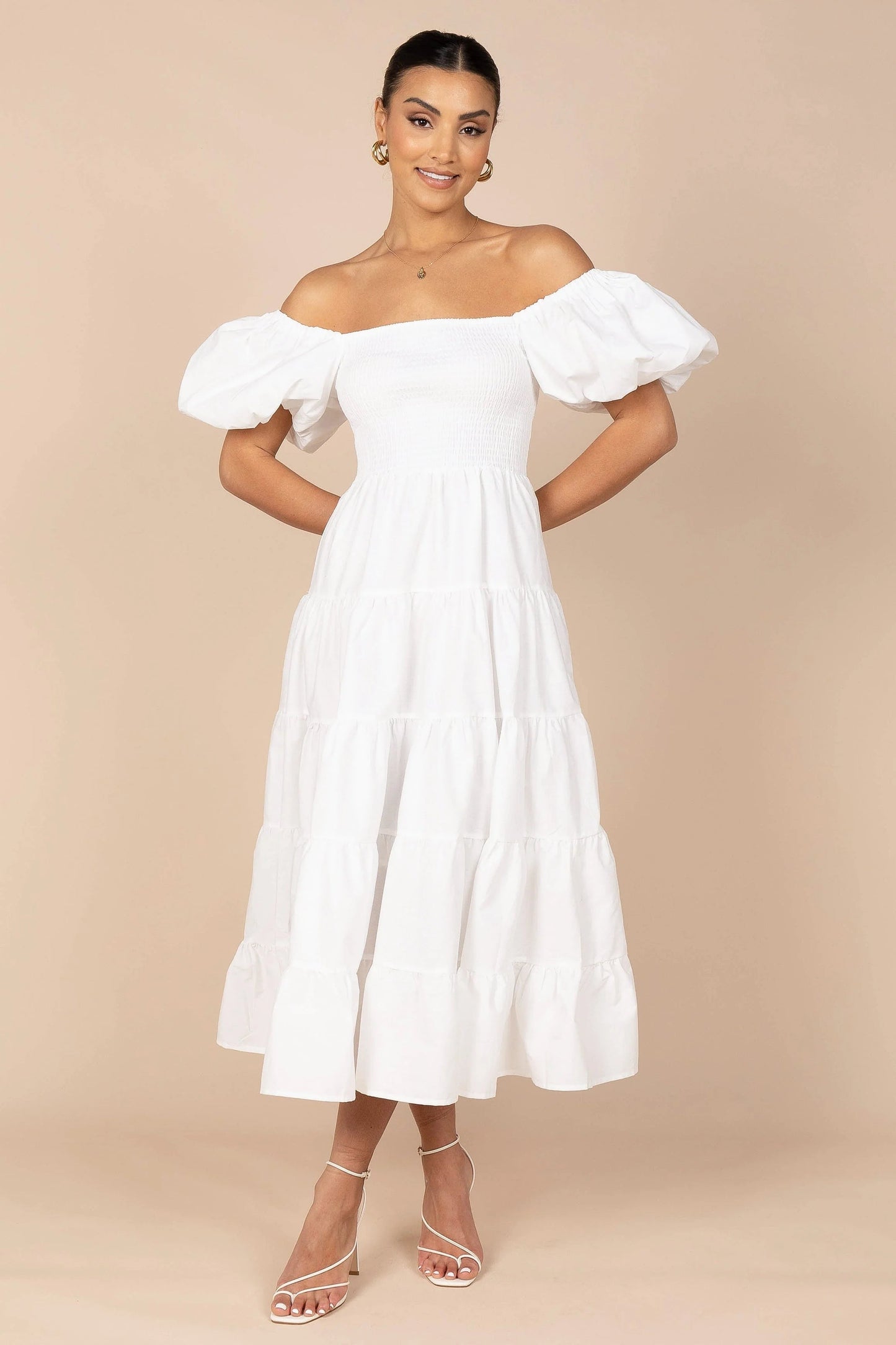Annette Smocked Puff-Sleeve Tiered Midi Dress