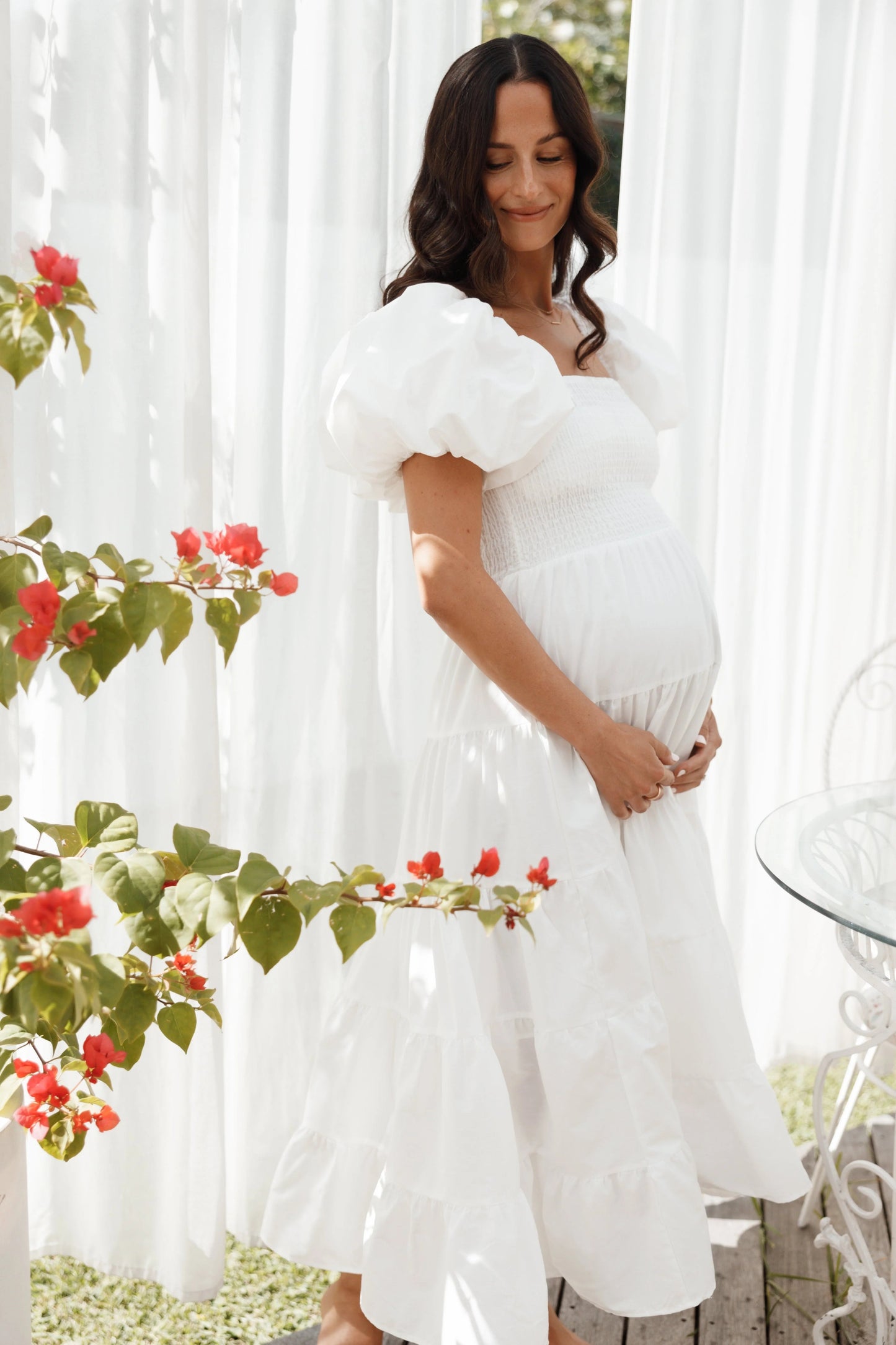 Annette Smocked Puff-Sleeve Tiered Midi Dress