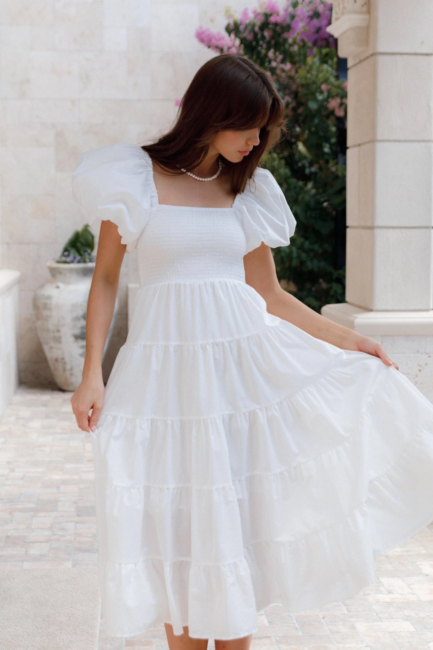 Annette Smocked Puff-Sleeve Tiered Midi Dress