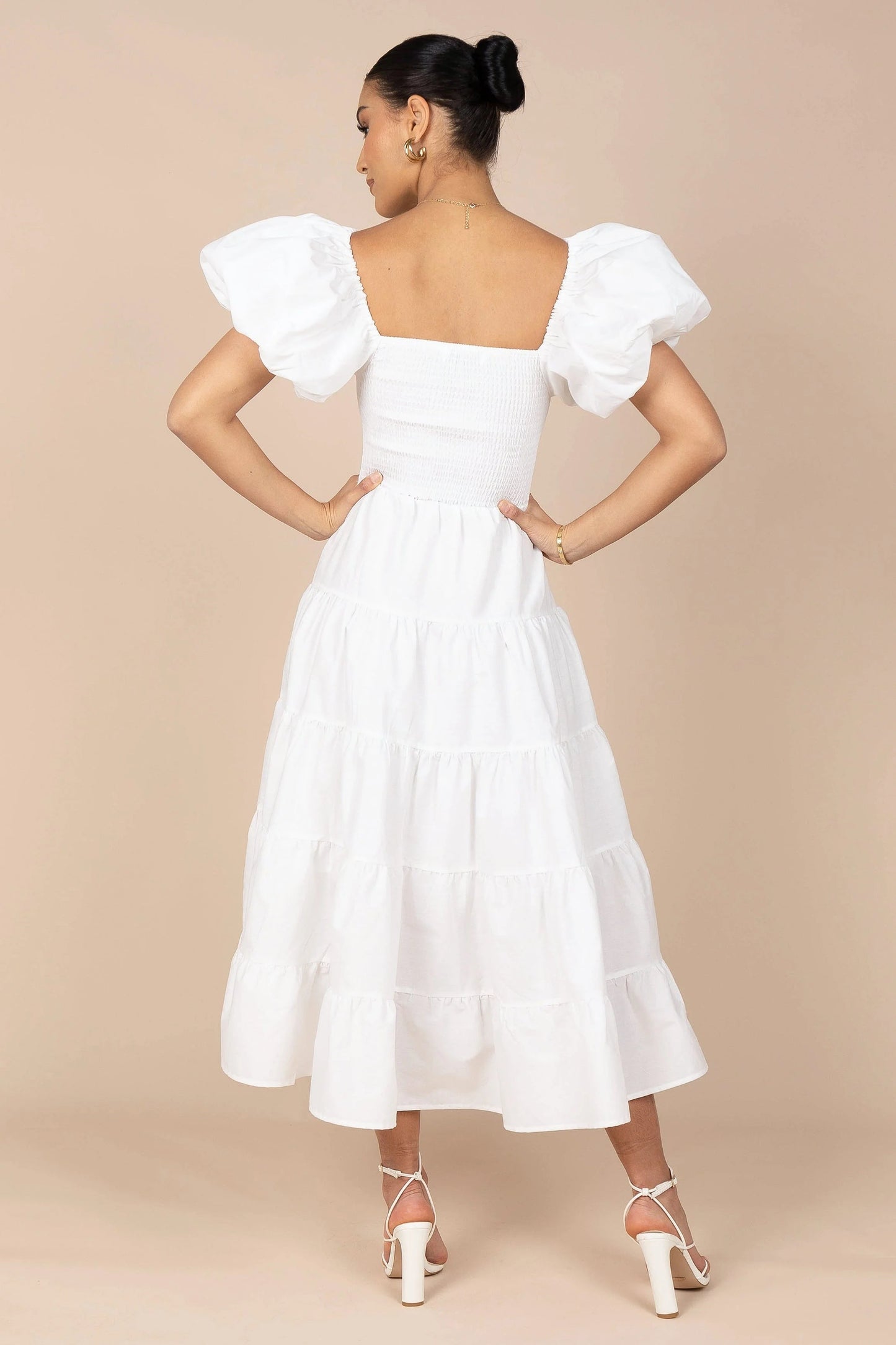Annette Smocked Puff-Sleeve Tiered Midi Dress