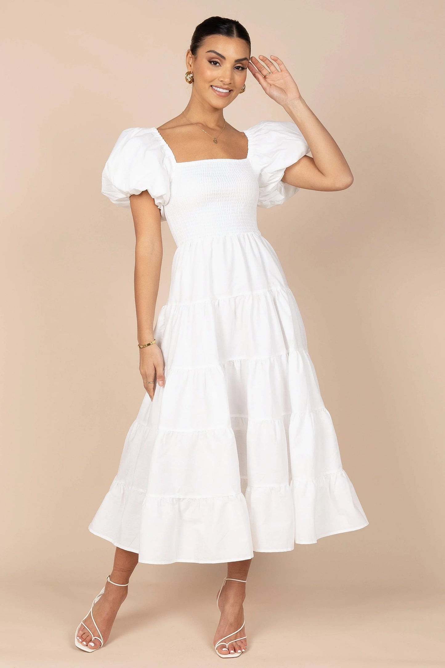 Annette Smocked Puff-Sleeve Tiered Midi Dress