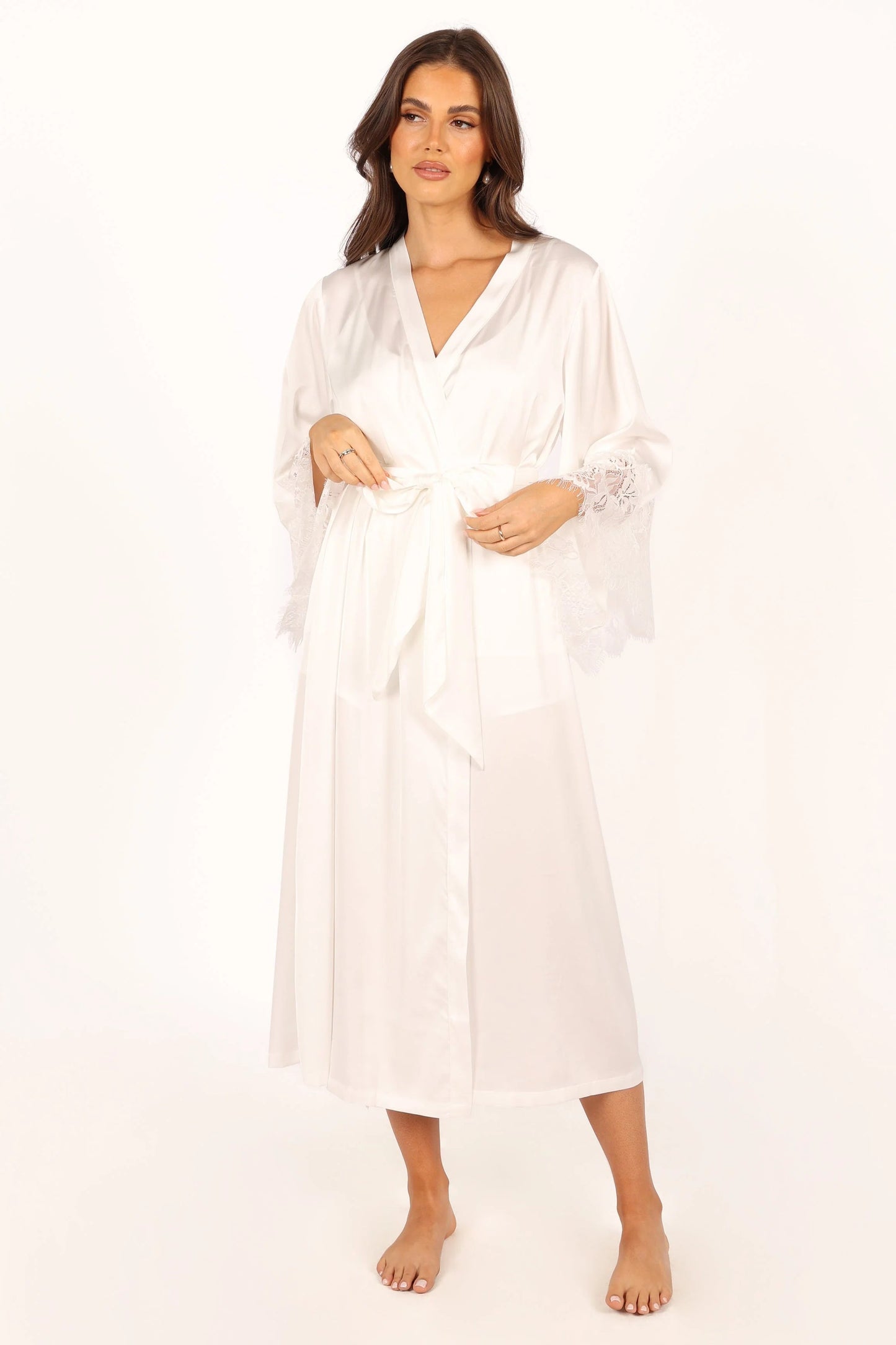 Darani Full-Length Lace-Trim Satin Robe