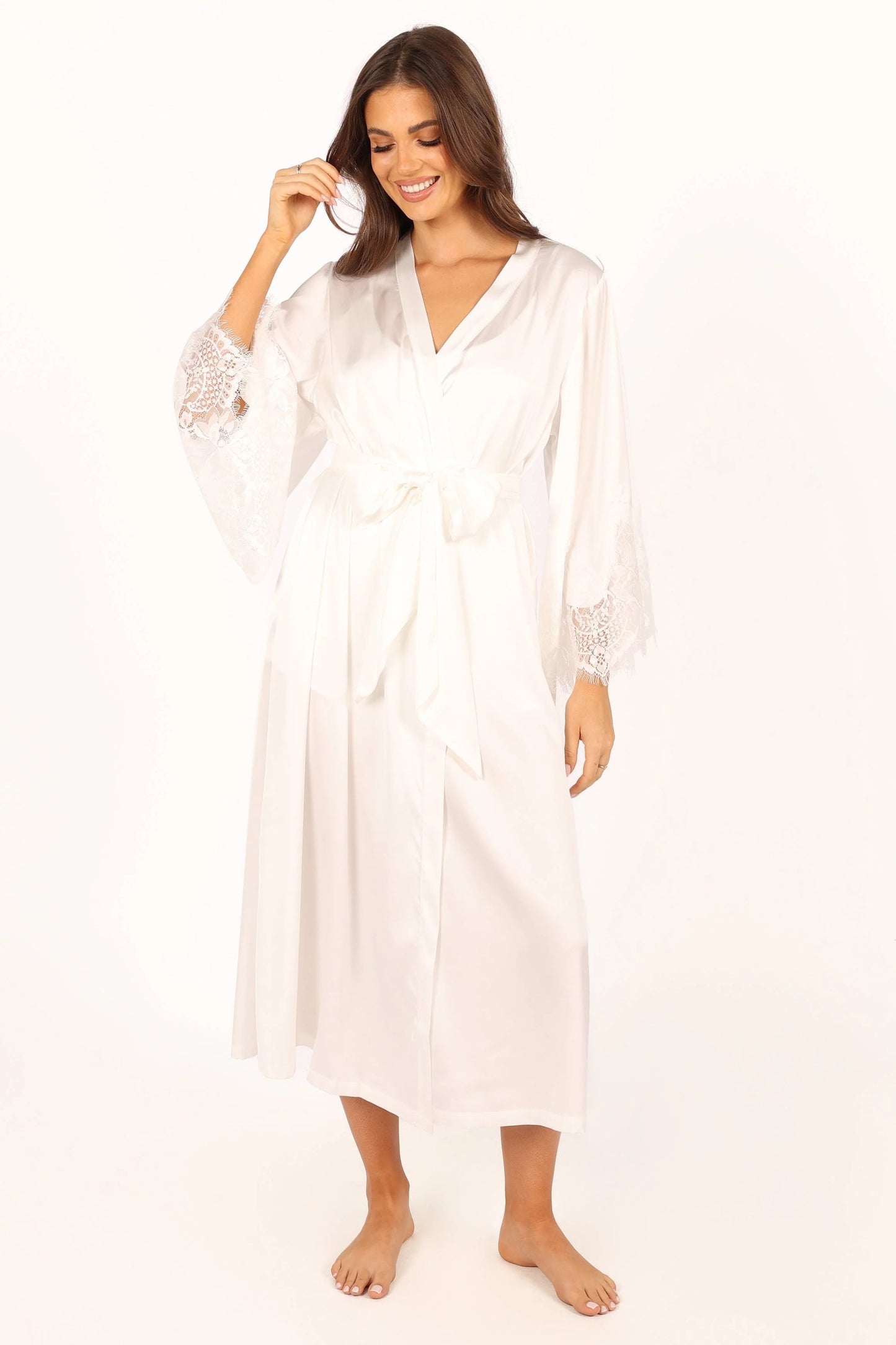 Darani Full-Length Lace-Trim Satin Robe