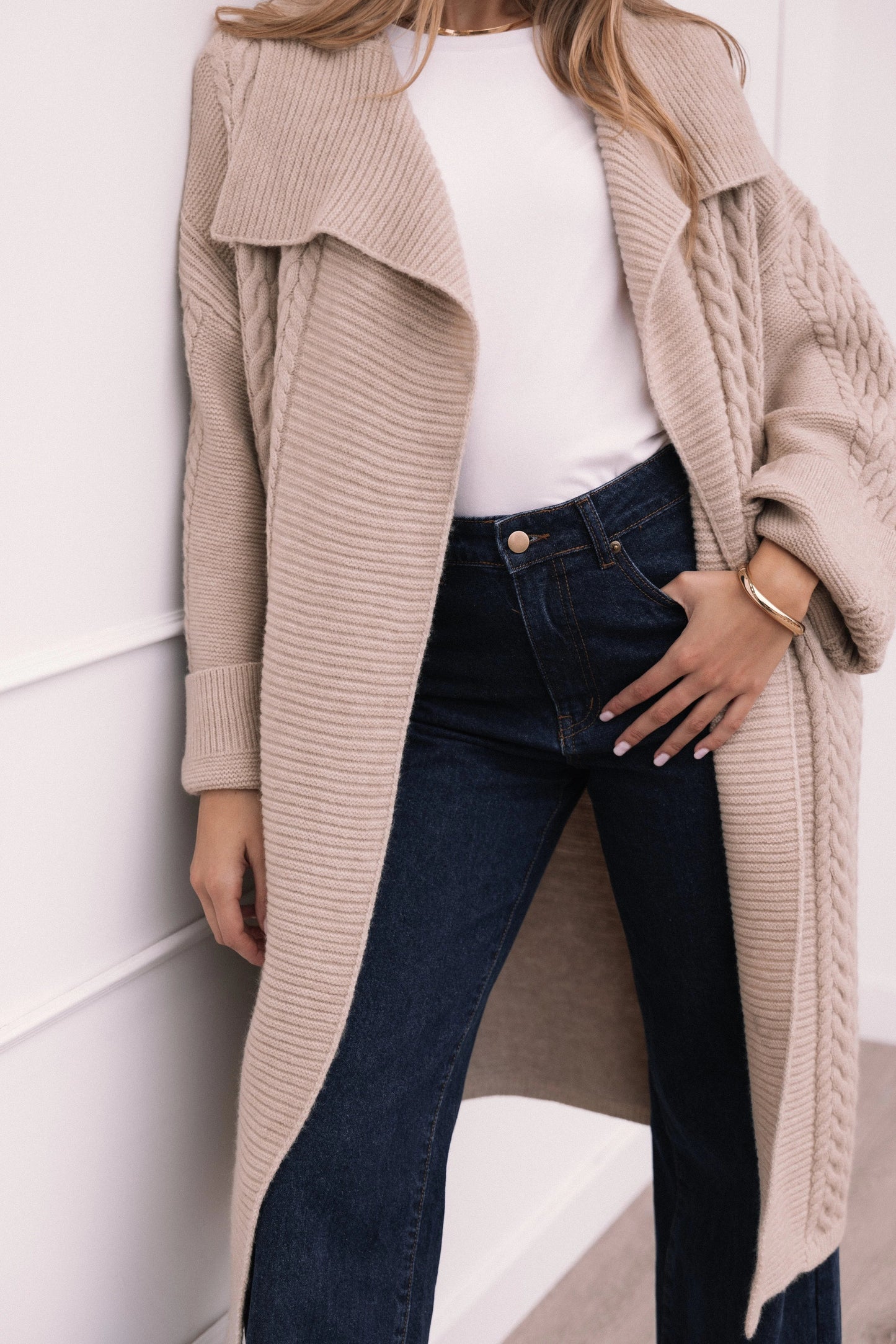 Oversized Cable-Knit Open Cardigan