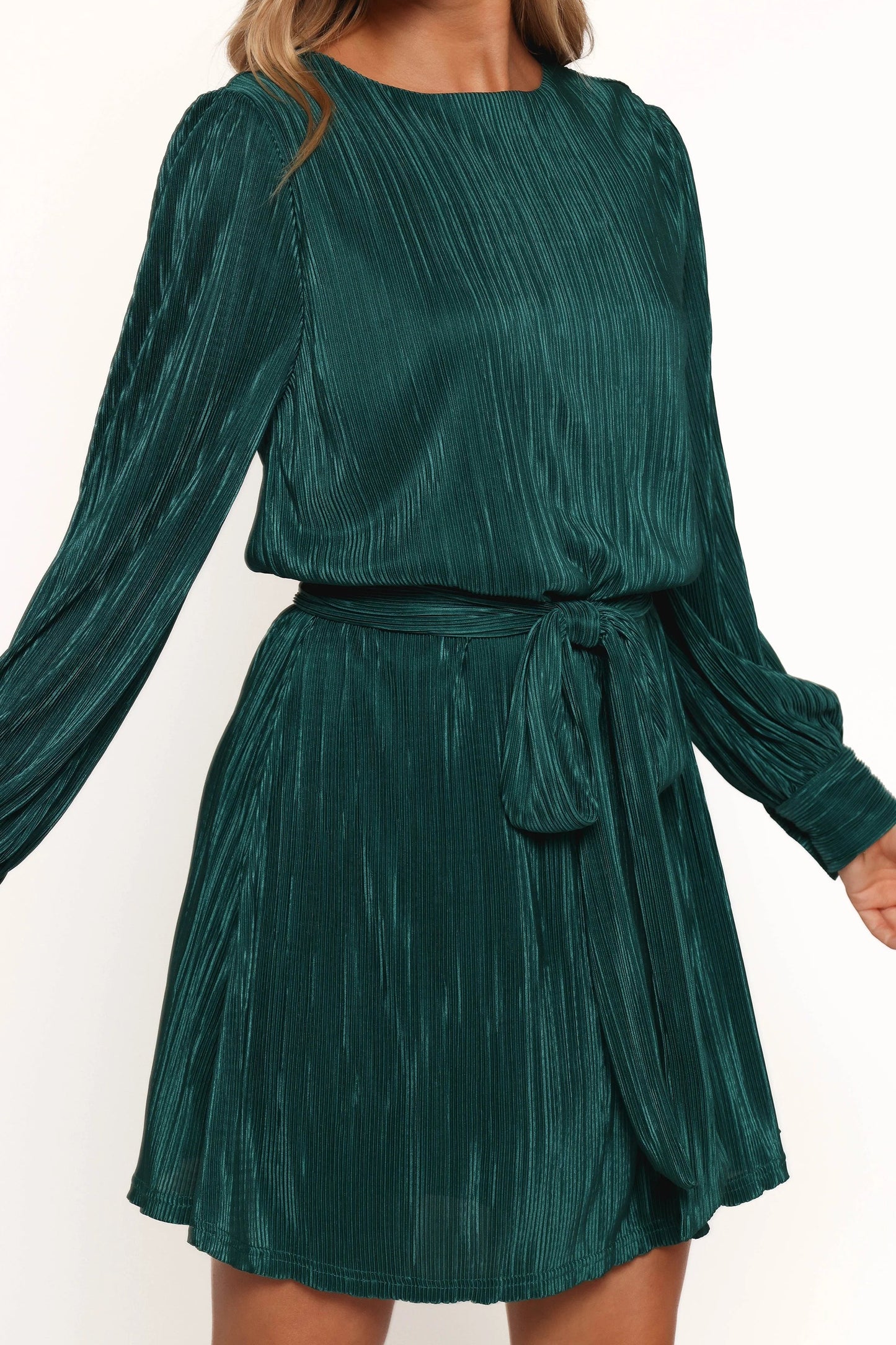 Plissé Button-Cuff Mini Dress