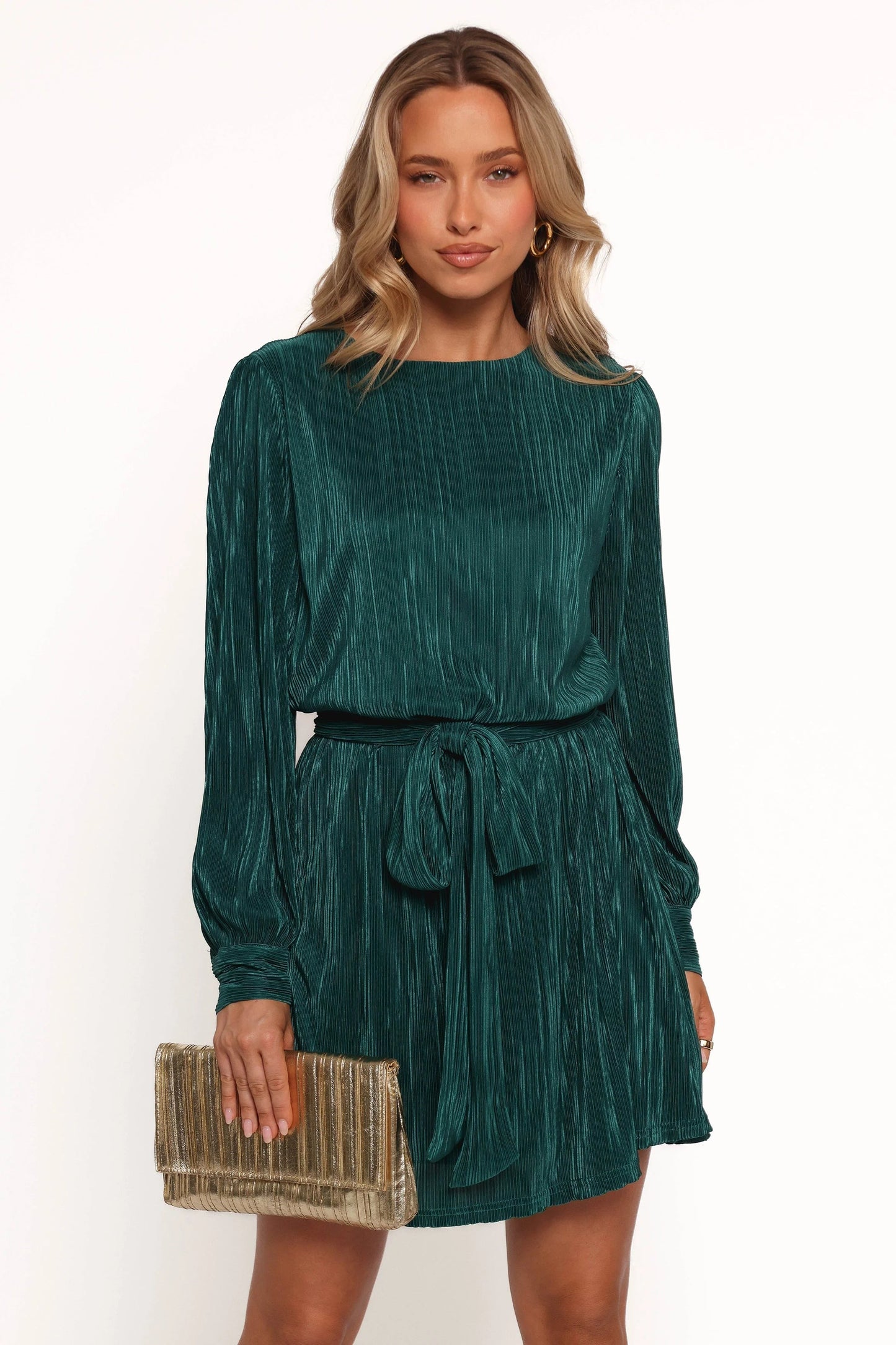 Plissé Button-Cuff Mini Dress
