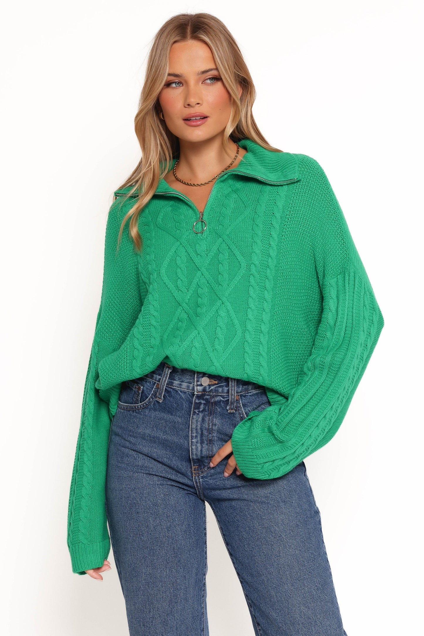 Quarter-Zip Cable Knit V-Neck Sweater