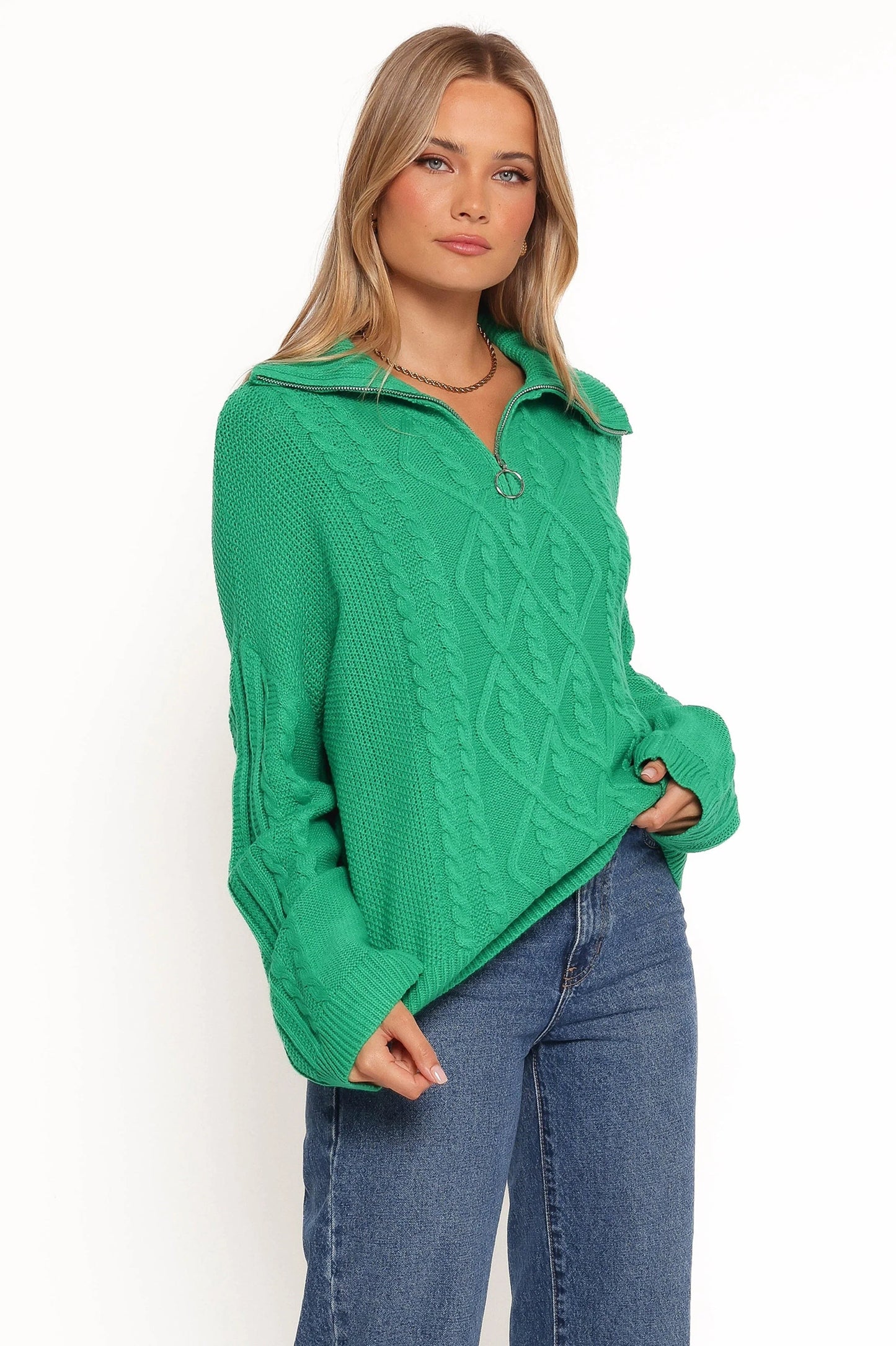 Quarter-Zip Cable Knit V-Neck Sweater