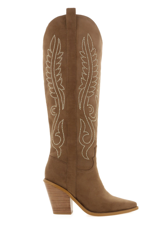 Taupe Mid-Block Heel Cowboy Boots