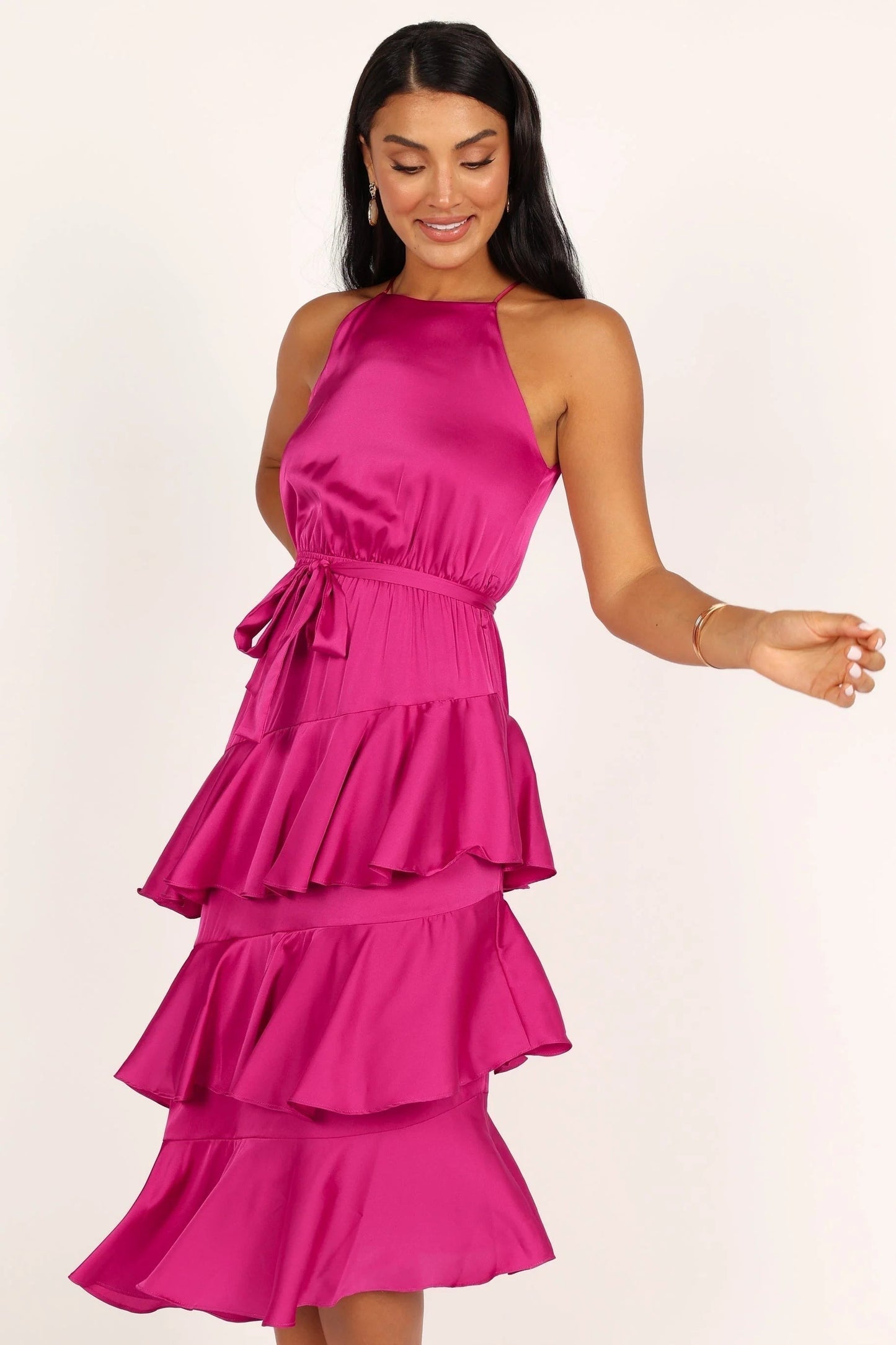 Tiered Ruffle Satin-Finish Midi Dress