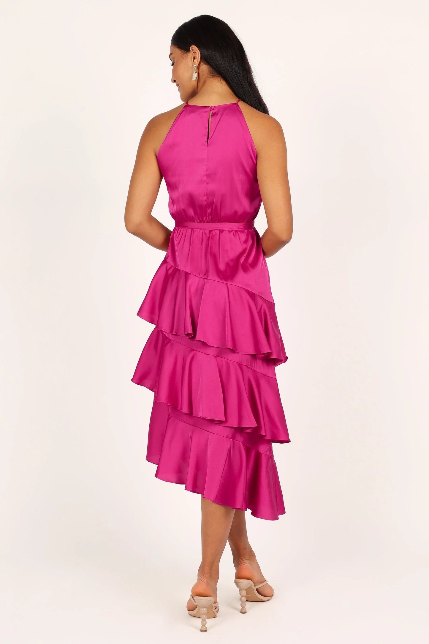 Tiered Ruffle Satin-Finish Midi Dress