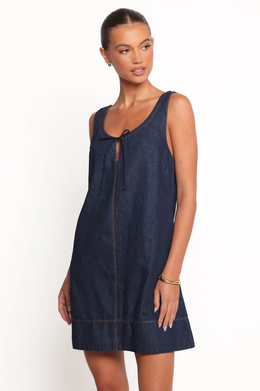 Adjustable-Tie Dark Denim Mini Dress