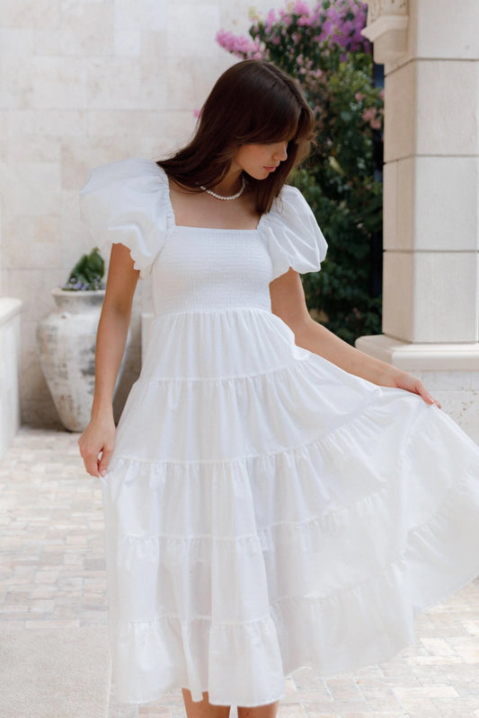 Annette Smocked Puff-Sleeve Tiered Midi Dress