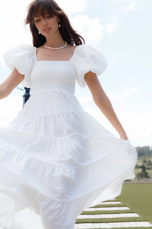 Annette Smocked Puff-Sleeve Tiered Midi Dress