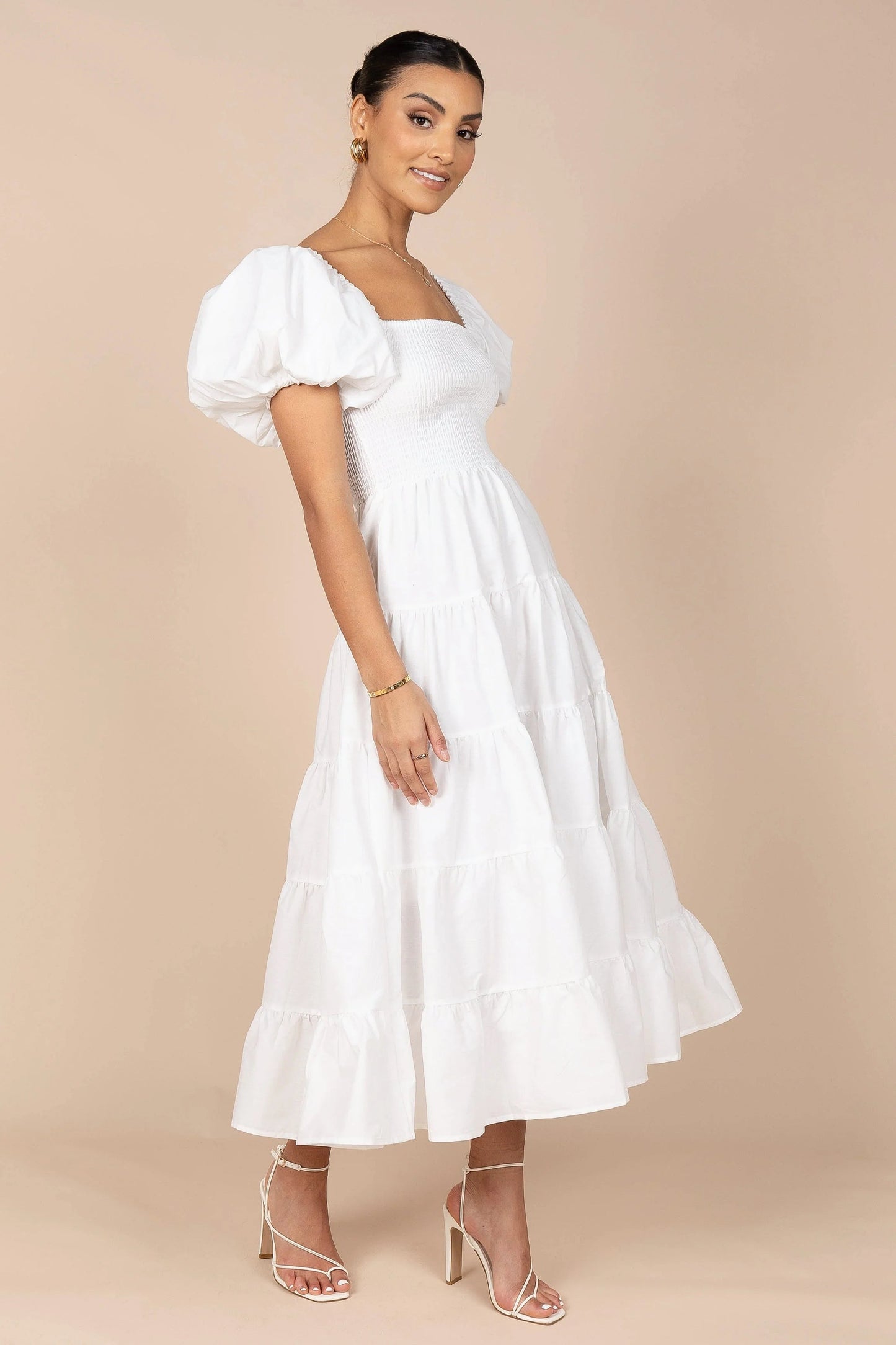 Annette Smocked Puff-Sleeve Tiered Midi Dress