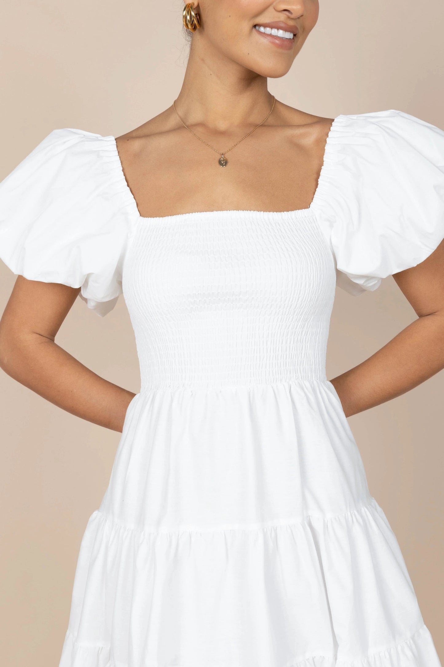 Annette Smocked Puff-Sleeve Tiered Midi Dress