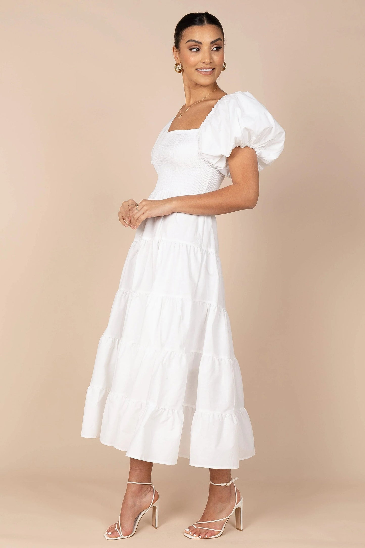 Annette Smocked Puff-Sleeve Tiered Midi Dress