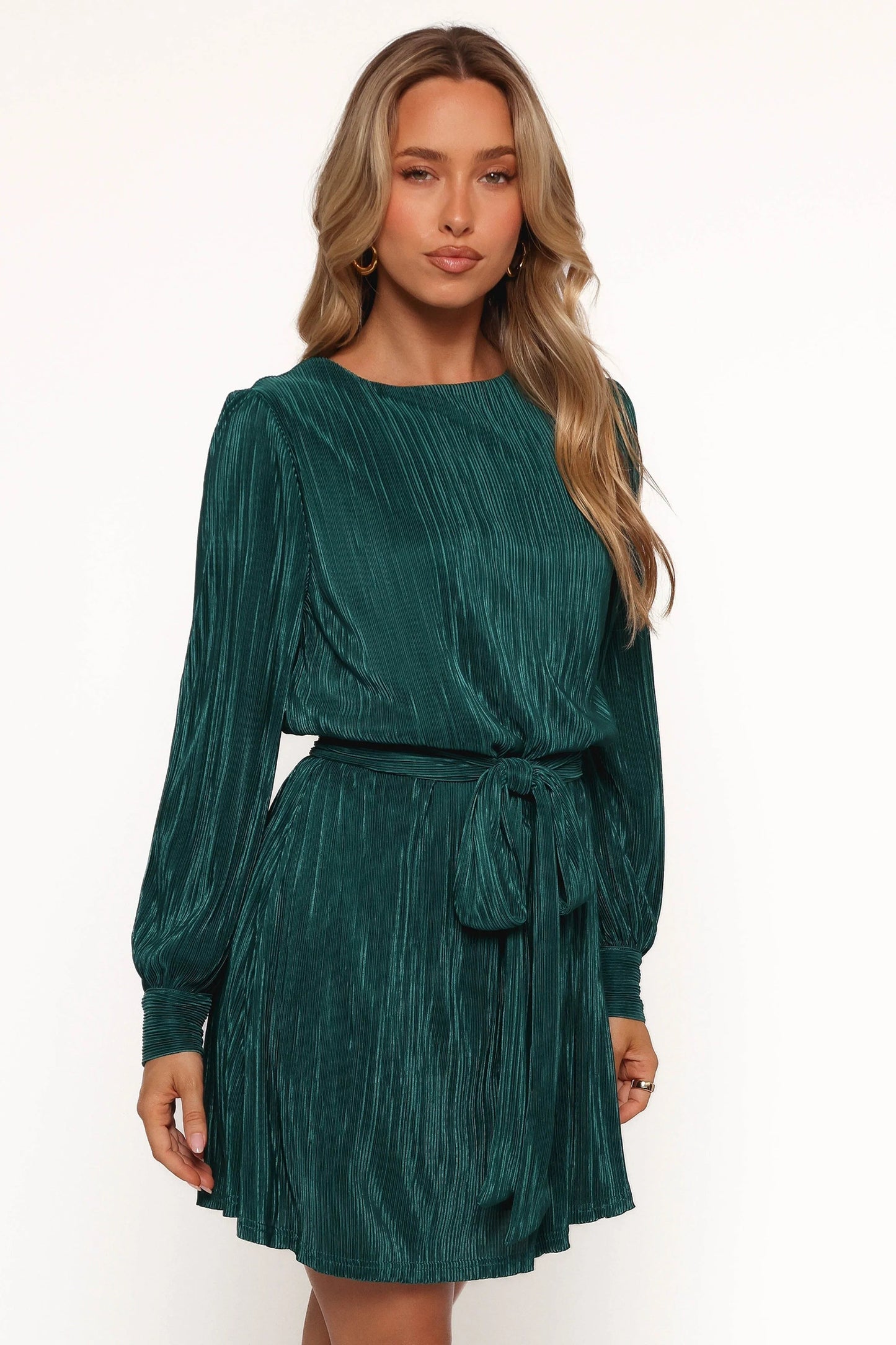 Plissé Button-Cuff Mini Dress