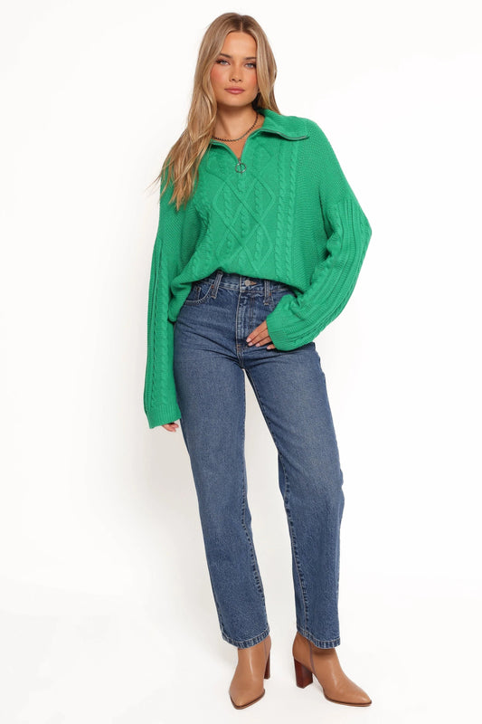 Quarter-Zip Cable Knit V-Neck Sweater