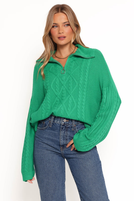 Quarter-Zip Cable Knit V-Neck Sweater
