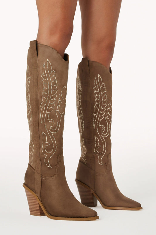 Taupe Mid-Block Heel Cowboy Boots