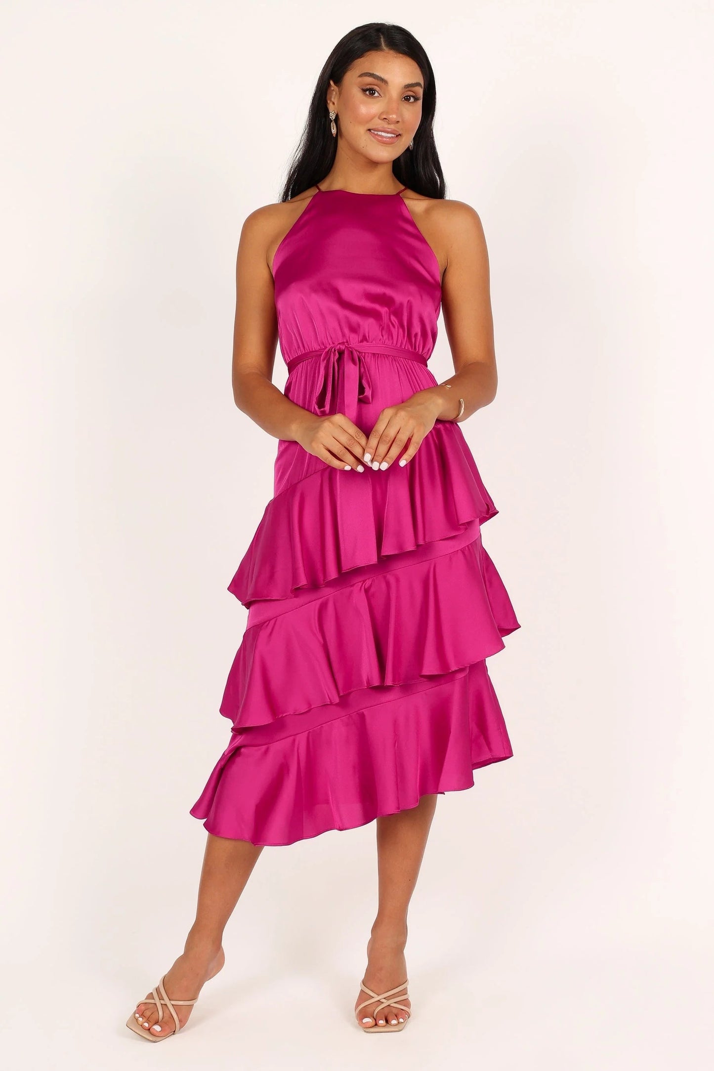 Tiered Ruffle Satin-Finish Midi Dress