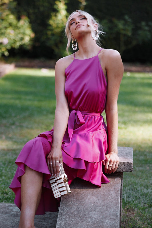 Tiered Ruffle Satin-Finish Midi Dress