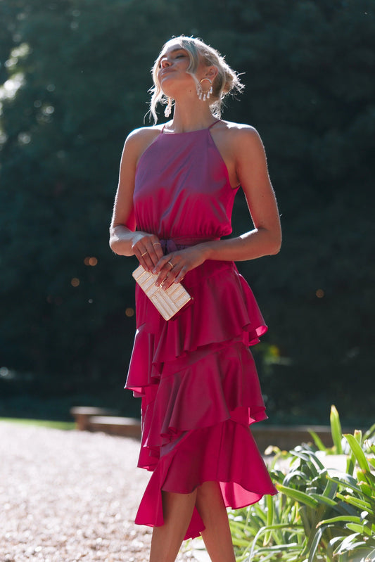 Tiered Ruffle Satin-Finish Midi Dress